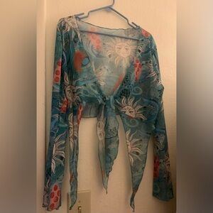 Women’s Plus Size Crop long sleeve boho front tie mesh top 2X